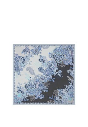 Square scarf with blue, white, and black paisley and floral patterns blending into opposing background colors.