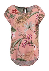 Rosa kortärmad blus med tropiskt blommönster och lövtryck, rundad nederkant och nyckelhålsknäppning vid bakre halsringning.