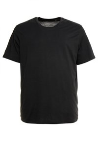 Zwarte t-shirt met korte mouwen, gemaakt van zachte stof, met een ronde hals en een rechte snit, zonder zichtbare patronen of graphics.