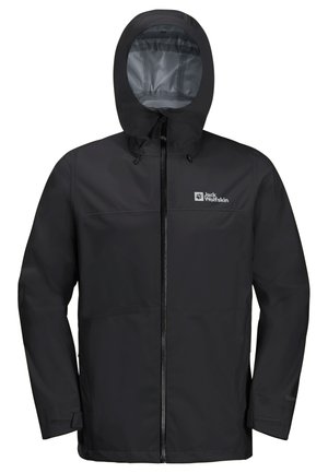 Black waterproof jacket with a front zipper, adjustable hood, and logo on the chest. Features a smooth texture and simple design.