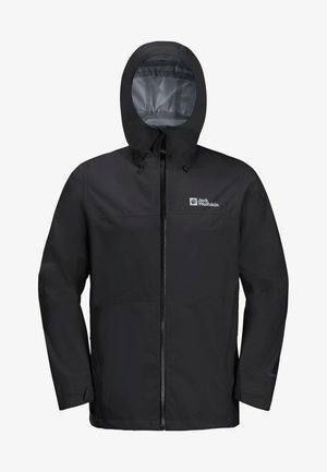Black waterproof jacket with a front zipper, adjustable hood, and logo on the chest. Features a smooth texture and simple design.