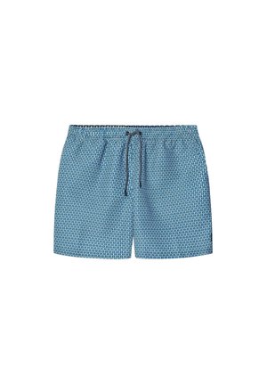 Plavkové šortky z svetlomodrej látky s geometrickým vzorom. Obsahujú elastický pás, nastaviteľnú šnúrku a voľný strih.