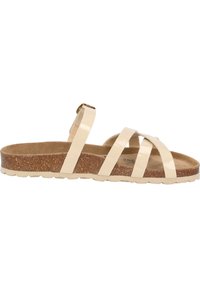 Sandal in pelle sintetica beige con tre cinghie, suola in sughero e suola in gomma texture. Presenta una cinghia posteriore per supporto.