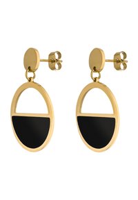 Goldfarbene Metallohrringe mit einem kreisförmigen Design, das ein halb schwarzes und ein halb offenes Muster zeigt, strukturierte Oberfläche und steckbare Rückseite.