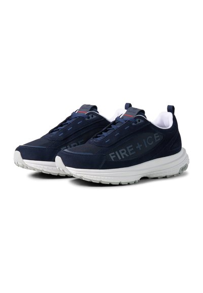 Pair of navy blue athletic sneakers with white soles and "FIRE + ICE" printed on the sides, displayed on a white background.