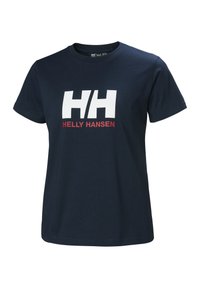 Camiseta de manga corta azul marino con un gran logo "HH" blanco y texto rojo "Helly Hansen" centrado en el pecho.
