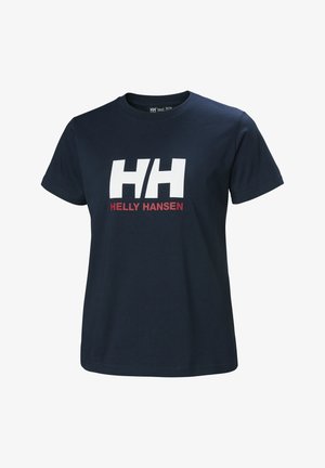Marineblauw T-shirt met korte mouwen, voorzien van een groot wit "HH"-logo en rode "Helly Hansen"-tekst centraal op de borst.