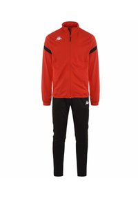 Rode trainingspak met een ritsjack met zwarte accenten en een hoge kraag, gecombineerd met zwarte tapered joggingsbroek. Gemaakt van sportieve stof.