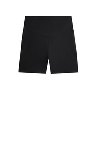 Shorts de sport noirs en tissu extensible, dotés d'une taille haute et d'une texture lisse et mate. Design simple sans motifs visibles.