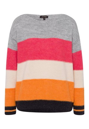 Langärmliger Strickpullover mit horizontalen Streifen in Grau, Pink, Creme, Orange und Schwarz, mit rundem Ausschnitt und gerippten Bündchen.