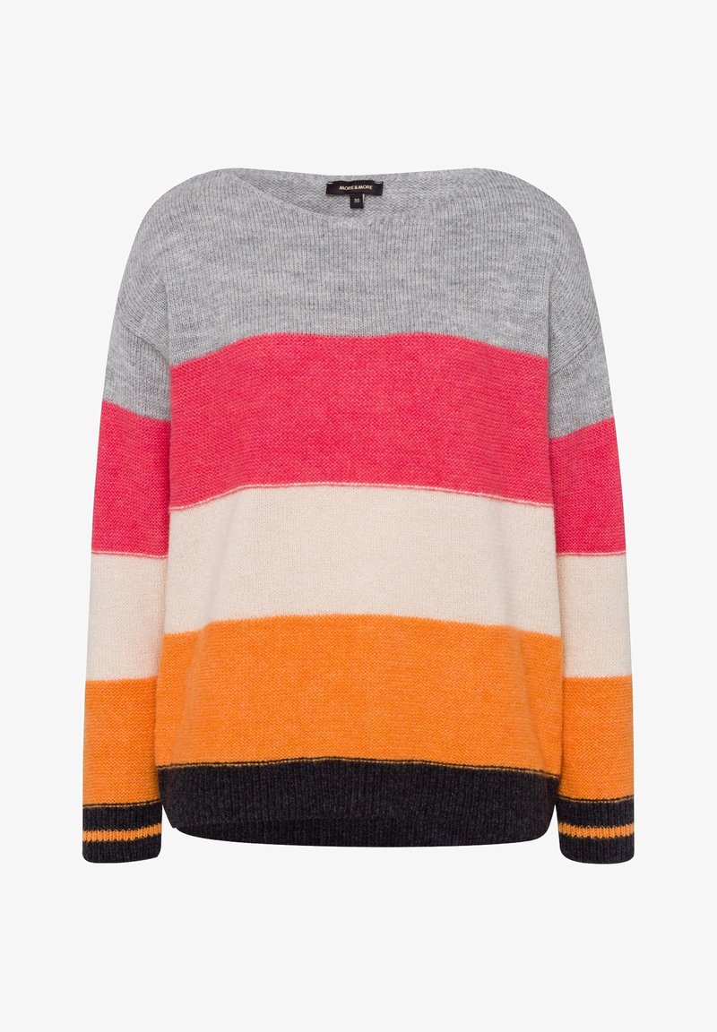 Pull en maille à manches longues avec rayures horizontales en gris, rose, crème, orange et noir, doté d'un col rond et de poignets côtelés.