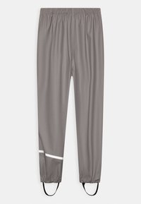 Grå træningsbukser med elastisk talje, slim fit, reflekterende stribe nær sømmen og sorte ankelremme. Glat, let materiale.