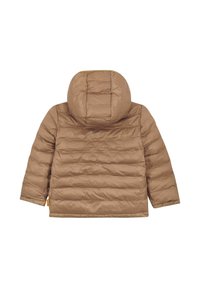 Bruine pufferjack met een gequilte ontwerp, capuchon en lange mouwen. De stof lijkt glad met zichtbare stiksels en geen accenten.