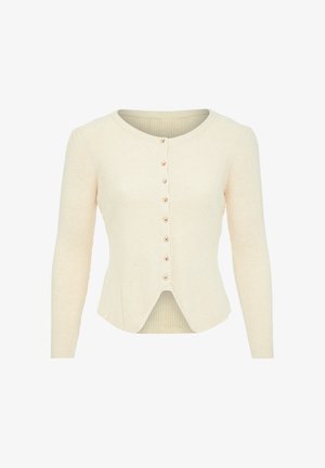 Żeberkowy kremowy kardigan z okrągłym dekoltem, z przodem zapinanym na guziki w kolorze złota oraz lekko rozszerzanym dołem.