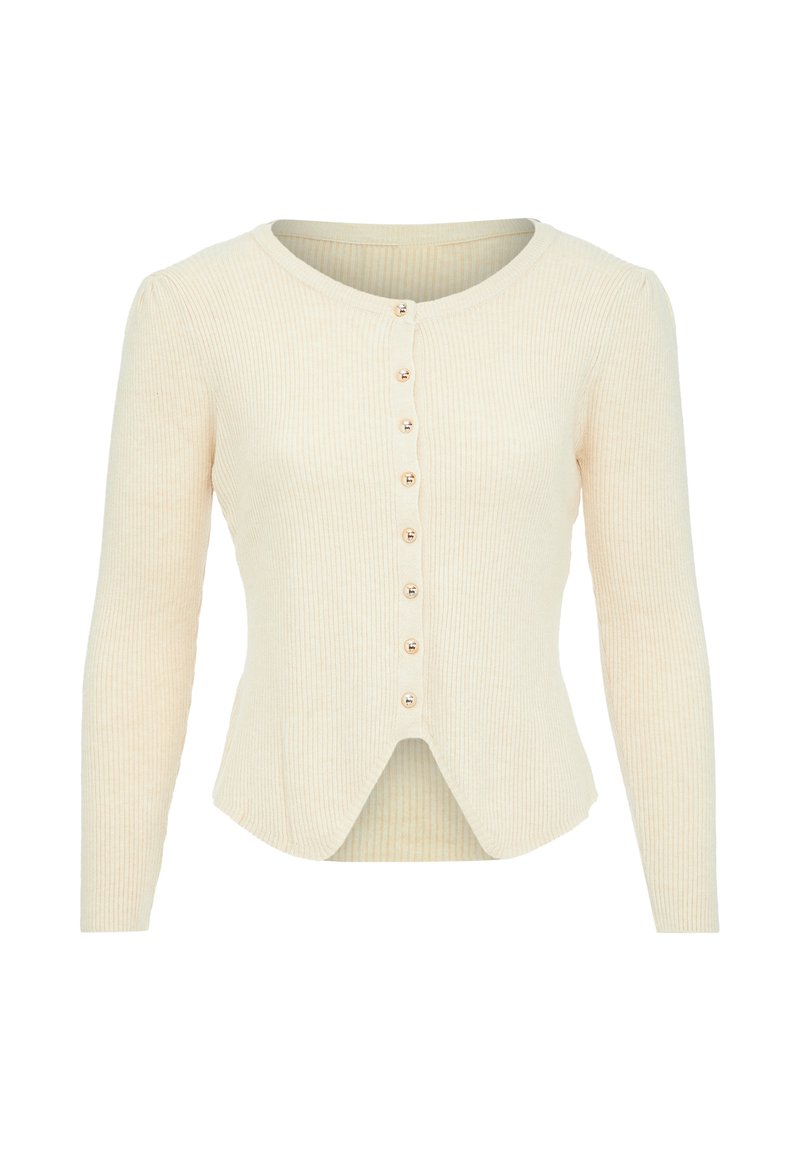 Cardigan a coste color crema con scollo rotondo, chiusura frontale con bottoni in tono oro e orlo leggermente svasato.