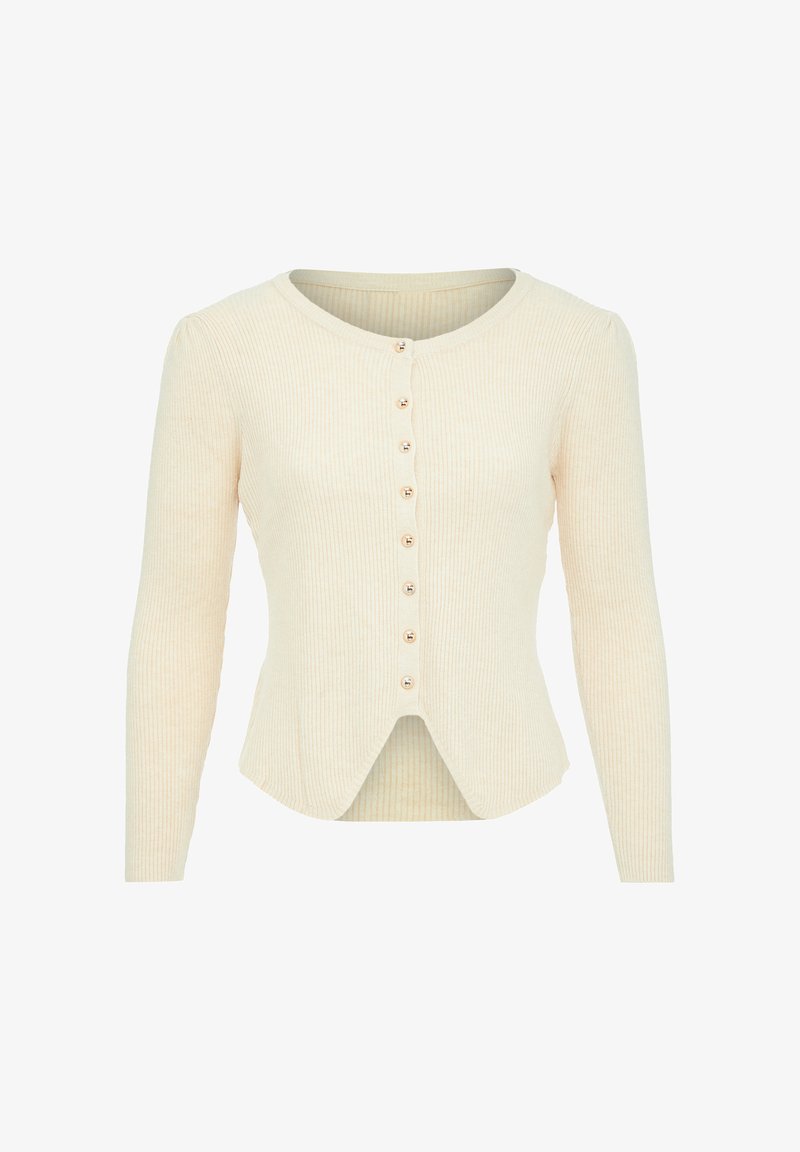 Ručně pletený krémový cardigan s kulatým výstřihem, předním zapínáním na knoflíky se zlatými knoflíky a mírně rozšířeným lemem.