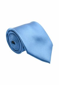 Cravatta in seta azzurra, arrotolata. Presenta una superficie liscia e lucida con una punta appuntita. Nessun motivo o accessorio visibile.