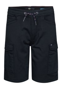 Sorte cargo shorts med snoretræk i taljen, der har frontlommer og en sideliggende cargo-lomme. Fremstillet af letvægtsmateriale med en glat tekstur.