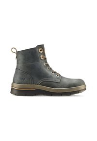 Grey leather ankle boot featuring a rounded toe, gold eyelets, and a rugged sole with a contrasting tan stripe. Embossed logo on side.