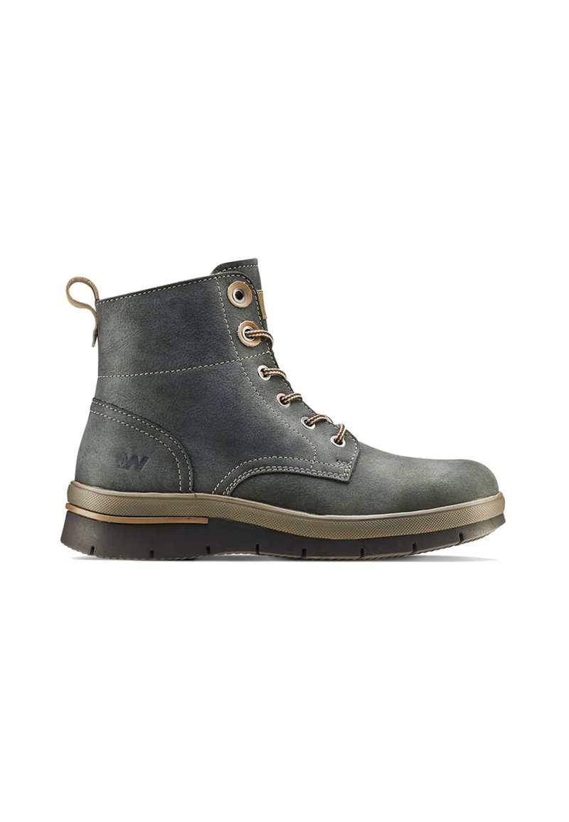Grey leather ankle boot featuring a rounded toe, gold eyelets, and a rugged sole with a contrasting tan stripe. Embossed logo on side.