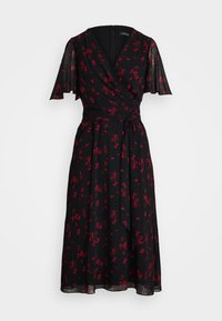 Svart omlottdress med korta volangärmar, prydd med ett rödblommigt mönster och ett bälte vid midjan. Dragkedjestängning i ryggen.