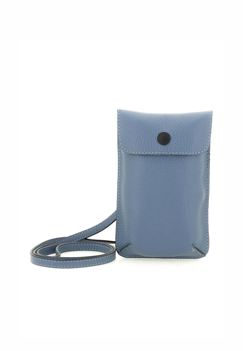 Borsa a tracolla in pelle blu con finitura strutturata, chiusura a scatto e tracolla lunga. Presenta cuciture minime e angoli arrotondati.