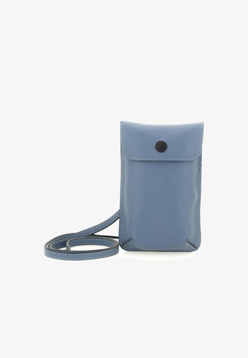 Borsa a tracolla in pelle blu con finitura strutturata, chiusura a scatto e tracolla lunga. Presenta cuciture minime e angoli arrotondati.