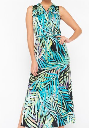 Robe longue sans manches avec motif de feuilles tropicales bleues, vertes et violettes, fermeture boutonnée devant et ceinture à nouer à la taille.