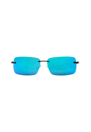 Occhiali da sole rettangolari con lenti blu sfumate, ponte nero sottile e accenti laterali trasparenti. Design leggero e texture liscia.