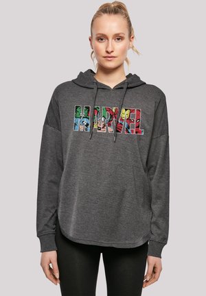 Felpa grigia con vestibilità comoda, caratterizzata da un logo "MARVEL" multicolore composto da personaggi dei fumetti, cappuccio con lacci e maniche lunghe.
