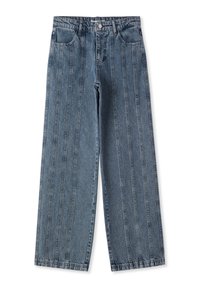 Jeans a gamba larga di colore azzurro chiaro con cuciture verticali, cinque tasche e chiusura frontale con bottoni. Realizzati in tessuto denim con una texture liscia.