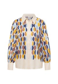 Camicia a bottoni con una base crema e un motivo geometrico multicolore nei toni del blu, giallo e marrone. Tessuto morbido e leggero; maniche lunghe.