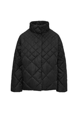 Veste matelassée noire avec col haut, motif en losange et manches longues. Confectionnée dans un matériau texturé, elle offre une coupe décontractée.