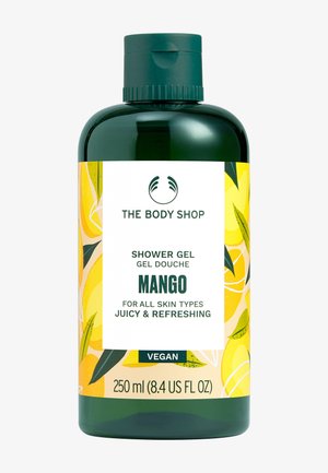 Dunkelgrüne Flasche mit The Body Shop Mango-Duschgel, 250 ml, mit den Aufschriften vegan, saftig, erfrischend und für alle Hauttypen.