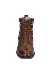 Botín de cuero marrón hasta el tobillo con diseño de cordones, que cuenta con una parte superior de lana tejida en blanco, morado y gris. Suela texturizada y resistente.