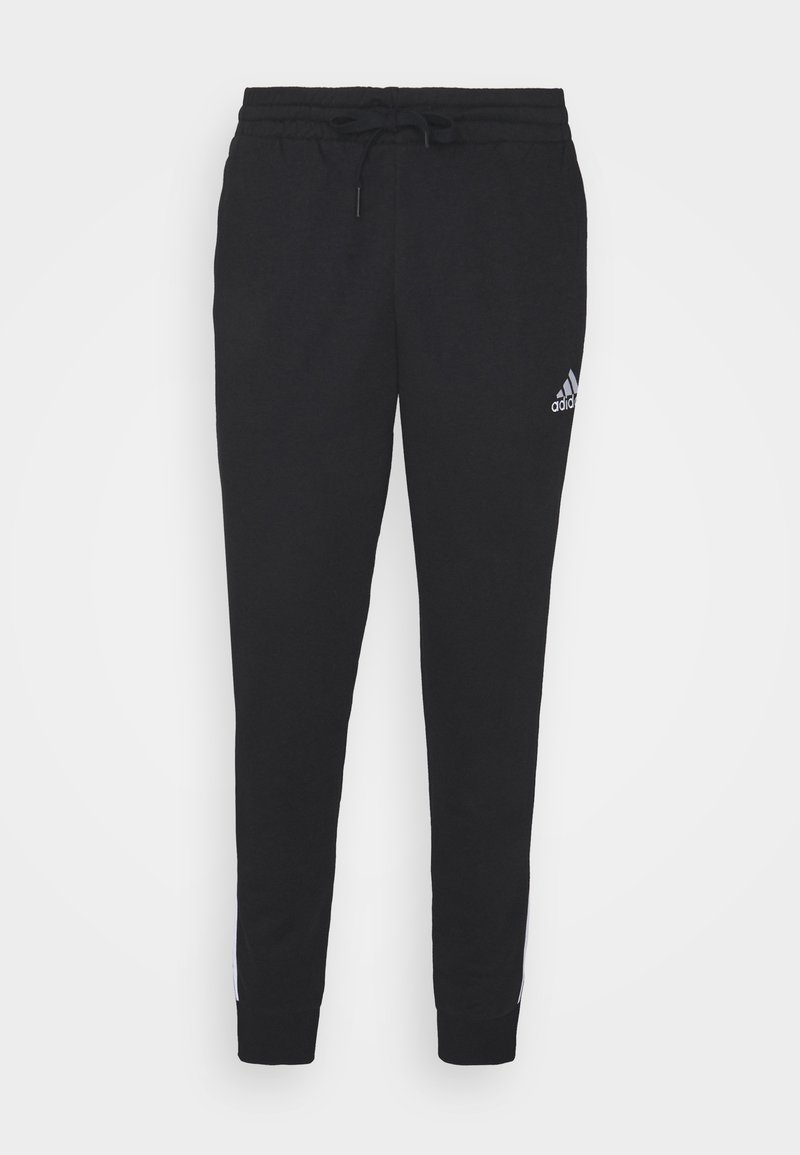 Pantalones jogger negros hechos de material suave, con cinturilla elástica y cordón, diseño de pierna tapered y acentos de logotipo blanco en el costado.