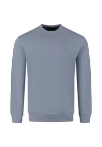 Szary sweatshirt z okrągłym dekoltem, długimi rękawami, ściągaczami na mankietach i u dołu, oraz subtelnym logo na klatce piersiowej. Gładka faktura materiału.