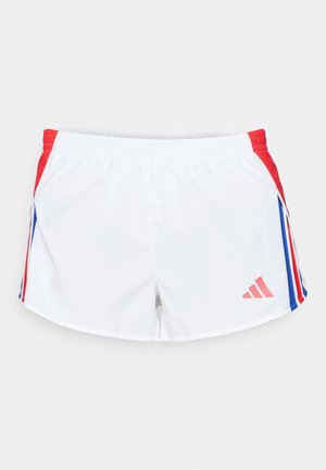 Baltieji sportiniai šortai su raudonais šonais, kuriuose yra mėlynai baltos juostelės. Elastinga juosmens dalis; rožinė "Adidas" logo kairėje pusėje.