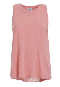 Ärmlös rosa topp i ett lättviktigt material, med rund halsringning och en något längre bakre fåll. Slät yta utan mönster.