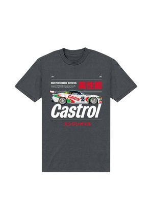 Mørkegrå T-shirt med en hvid og grøn Castrol racerbilslogo, stor "Castrol" tekst og røde japanske tegn om motorolie.