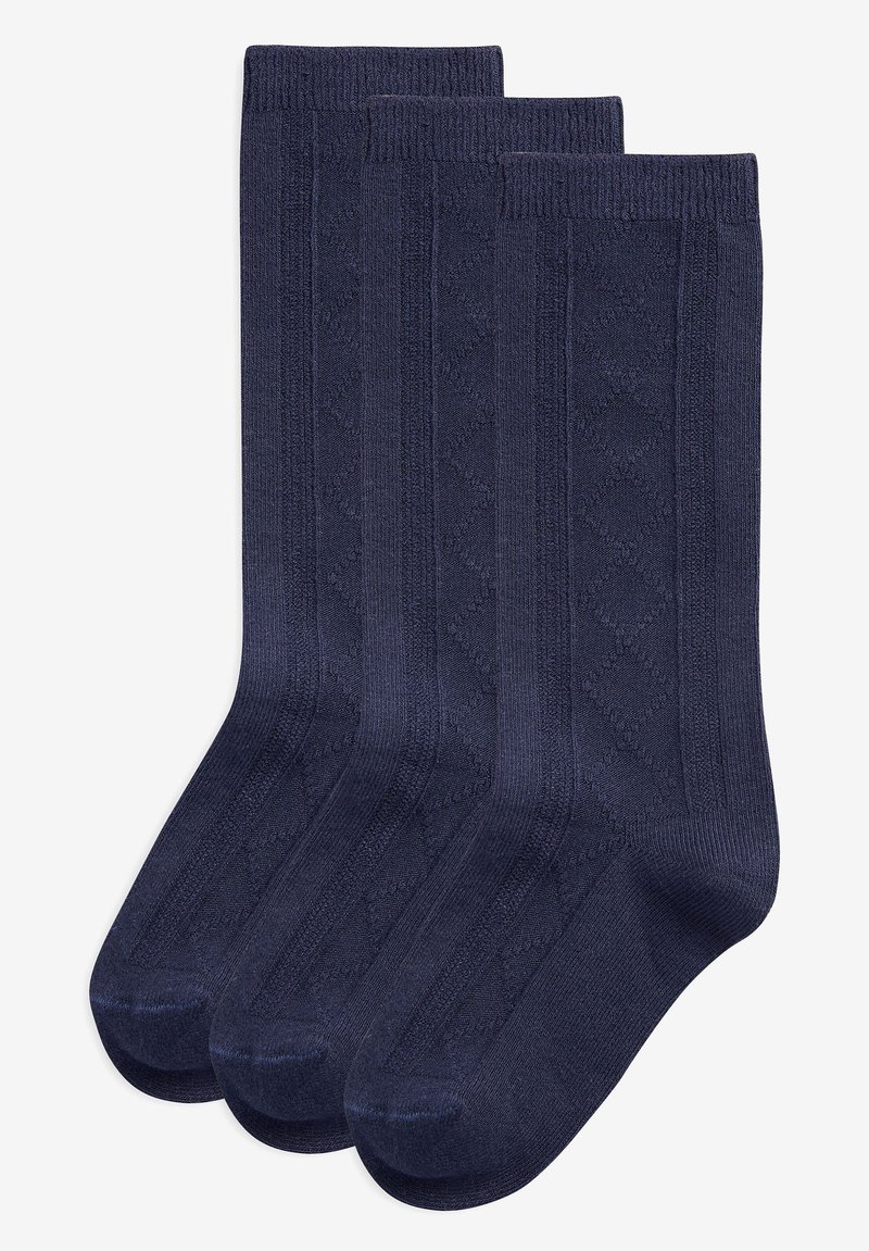 Dunkelblaue Socken im Dreierpack, ausgestattet mit einem strukturierten Rautenmuster und einem gerippten Bündchen, gefertigt aus weichem, strapazierfähigem Stoff.