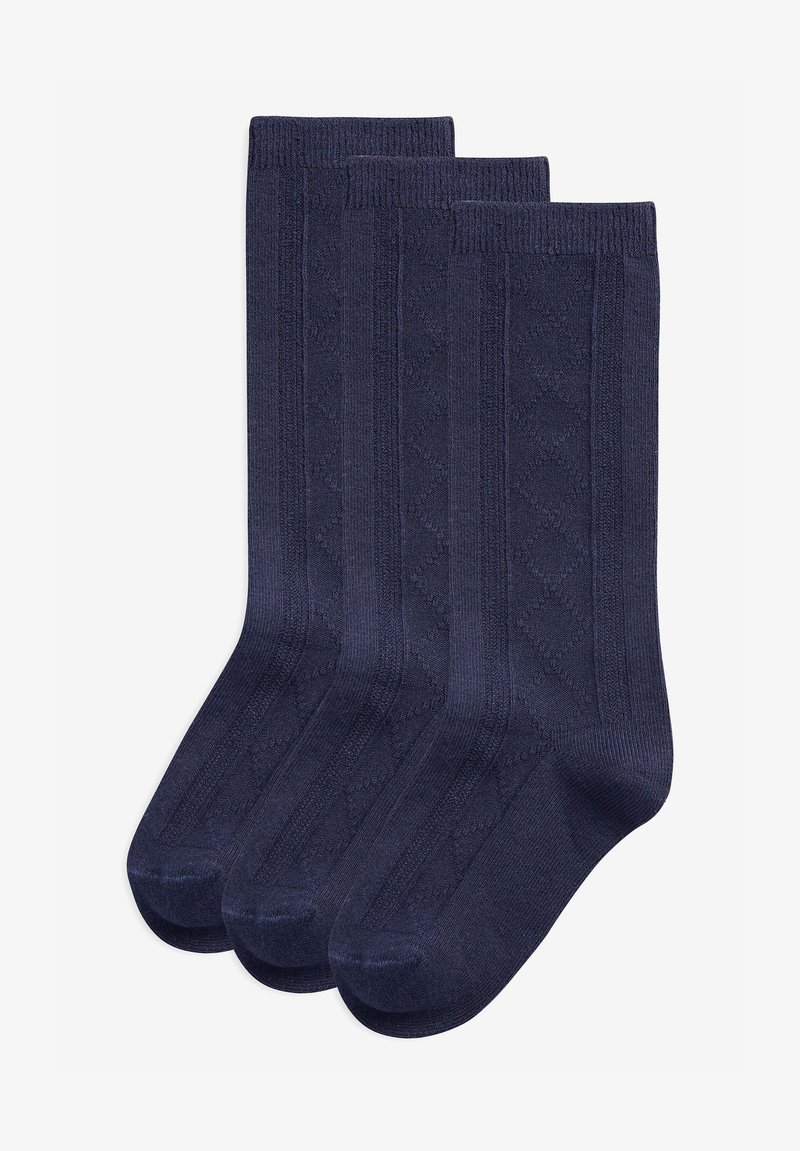 Dunkelblaue Socken im Dreierpack, ausgestattet mit einem strukturierten Rautenmuster und einem gerippten Bündchen, gefertigt aus weichem, strapazierfähigem Stoff.