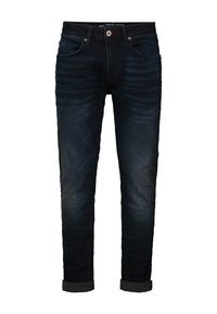 Jeans de mezclilla oscura con un corte ajustado, que presentan un diseño de cinco bolsillos, cierre de botón y dobladillo enrollado. Textura suave con un ligero desgastado.