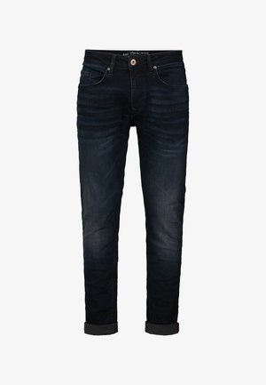 Donker denim jeans met een slim fit, voorzien van een vijf-pocket ontwerp, knoopsluiting en opgerolde zoom. Glad textuur met subtiele vervaging.