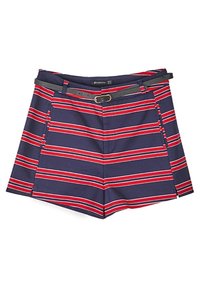 Pantaloni corti blu navy con strisce orizzontali rosse e bianche, caratterizzati da un design elegante, una cintura con fibbia dorata e tasche laterali.