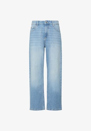 Hellblaue Jeans aus Denim mit hoher Taille, Knopf- und Reißverschluss, Seiten- und Gesäßtaschen sowie geraden, weiten Beinen.