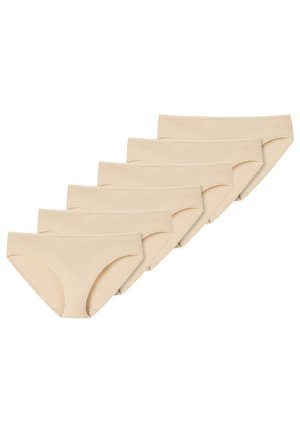 Beige katoenen slipjes, verpakking van zes, met een gladde textuur, elastische tailleband en naadloos ontwerp voor comfort en discretie.