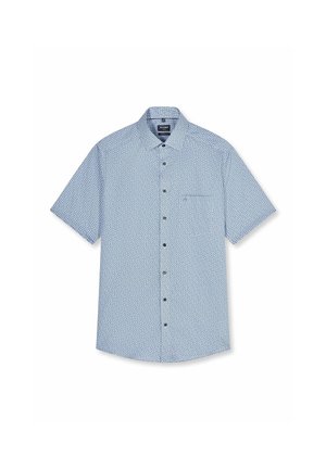 Camicia a maniche corte con bottoni, con piccolo motivo geometrico blu e bianco e una tasca sul petto.