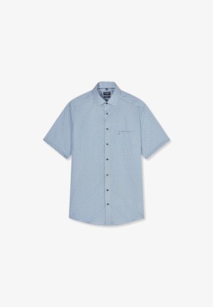 Kurzärmeliges Hemd mit Knöpfen, blau-weißem kleinem geometrischem Muster und einer Brusttasche.