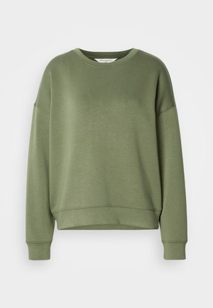 Sweatshirt verde oliva realizzato in tessuto morbido. Caratterizzato da un collo rotondo, spalle scese e un orlo crop con polsini a coste.